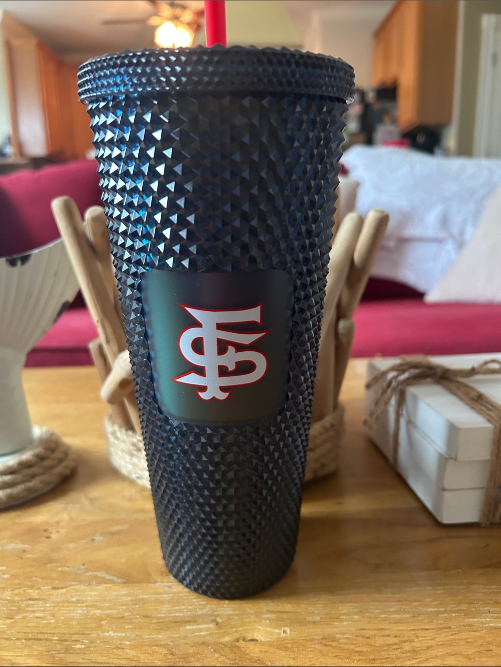 Starbucks Black Studded Tumbler with Red Straw and Logo Accent